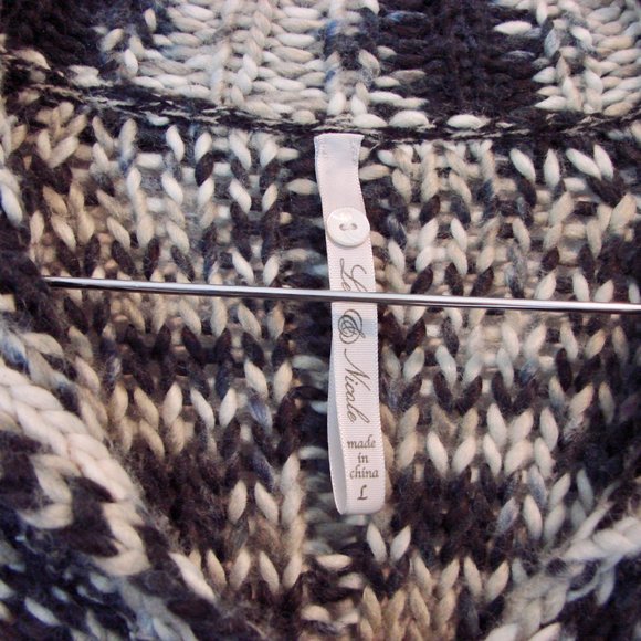 Chunky Knit Wool Cardigan Sweater 3/4 Sleeve Black Cream Gray Size Large - Picture 3 of 15